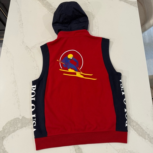 Polo Ralph Lauren Downhill Skier Double Knit Hooded Vest Cookie Men’s Large Red - Picture 10 of 11